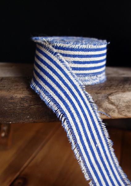1" Linen Ribbon Ocean Blue Stripes - 5 Yards Fringed Edges - Click Image to Close