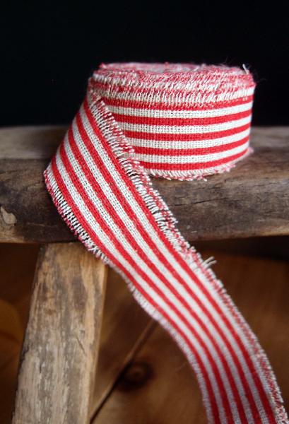 1" Linen Ribbon Red Stripes - 5 Yards Fringed Edges - Click Image to Close