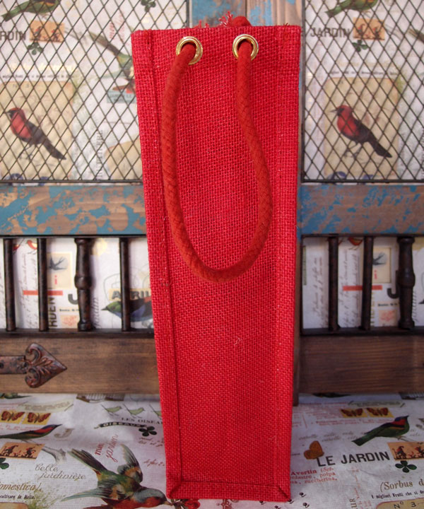 4" X 4" X 14" BURLAP WINE BAG - RED W/ROPE HANDLE - Click Image to Close