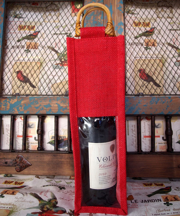 Red Jute Wine Bag W/Clear Window 4" X 4" X 14" - Click Image to Close