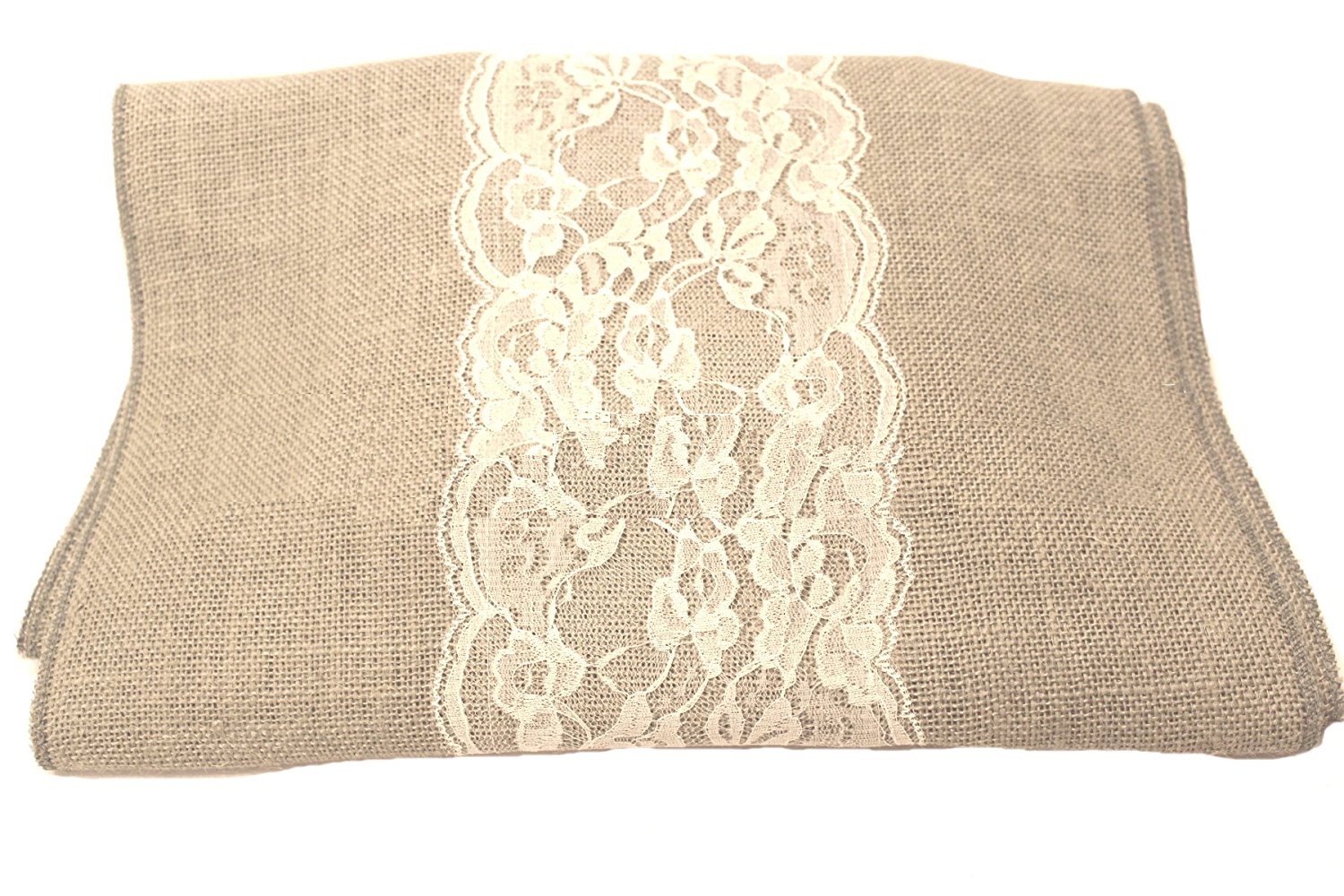 14" Ash Grey Burlap Runner with 6" White Lace - Click Image to Close