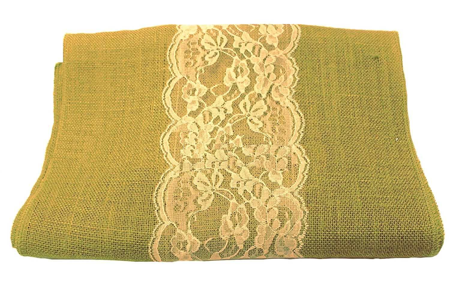14" Avocado Burlap Runner with 6" Ivory Lace