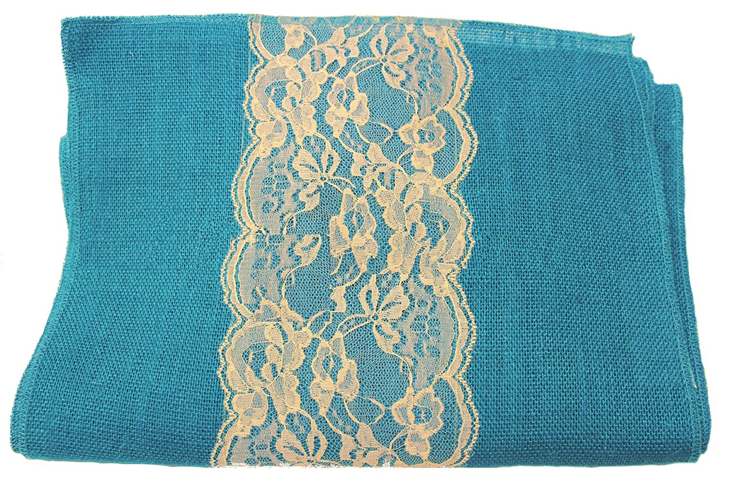 14" Bahama Turquoise Burlap Runner with 6" Ivory Lace - Click Image to Close