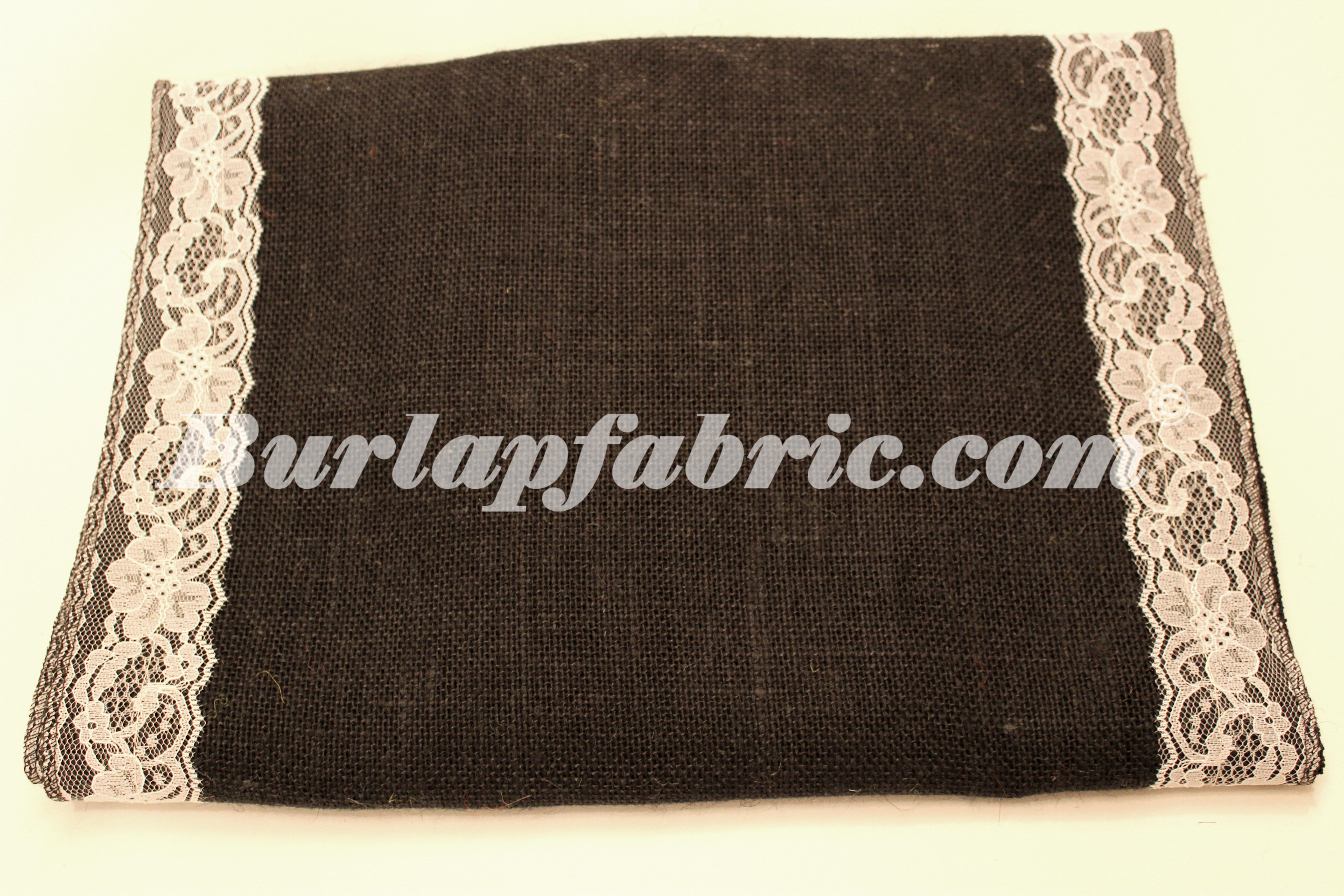 14" Black Burlap Runner with 2" White Lace Borders - Click Image to Close