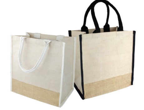 Burlap Tote Bag With Black or Ivory Handles 12"Wx12"H x 7 3/4"D
