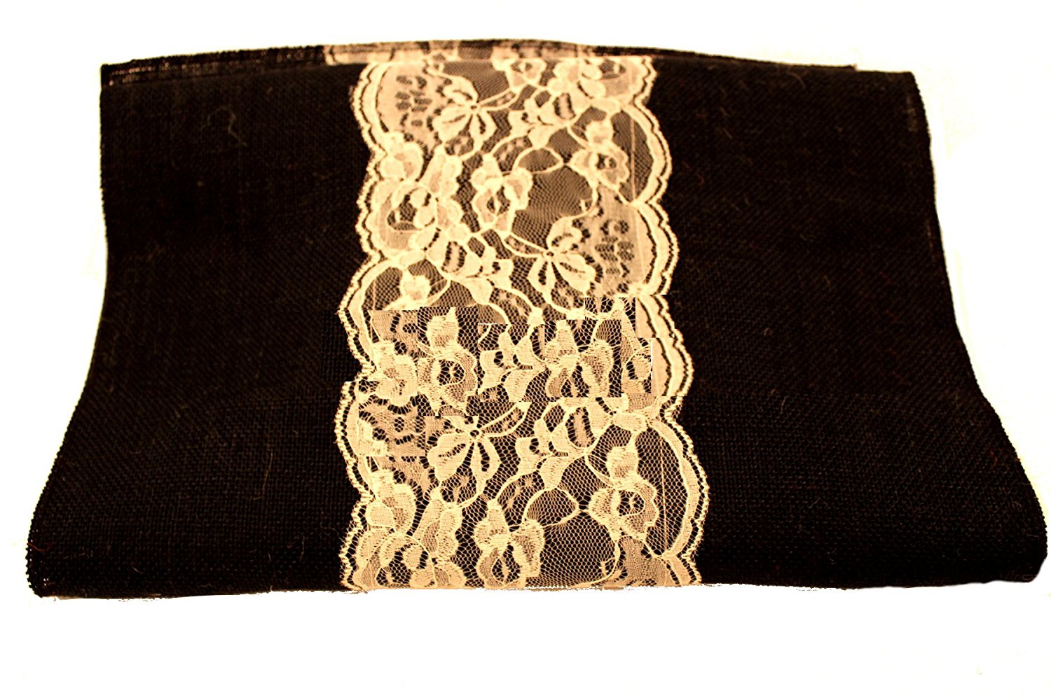 14" Black Burlap Runner with 6" White Lace - Click Image to Close