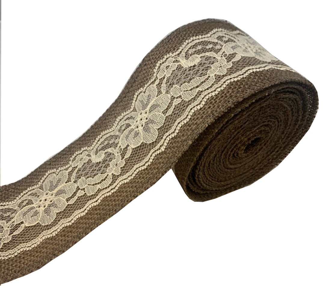 3" Brown Burlap Ribbon With Ivory Lace 5 Yard Roll - Made in USA