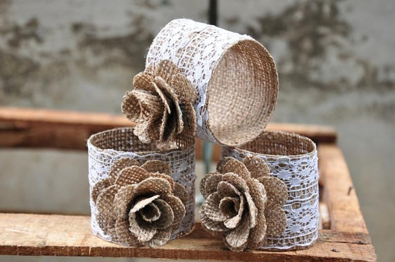 Burlap Ring Napkins with Wood Roses (4 Pack) - Click Image to Close