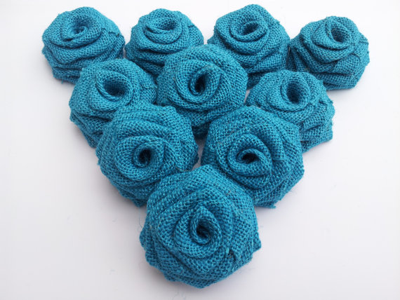 Turquoise Burlap Flowers (12 Pack) - Click Image to Close