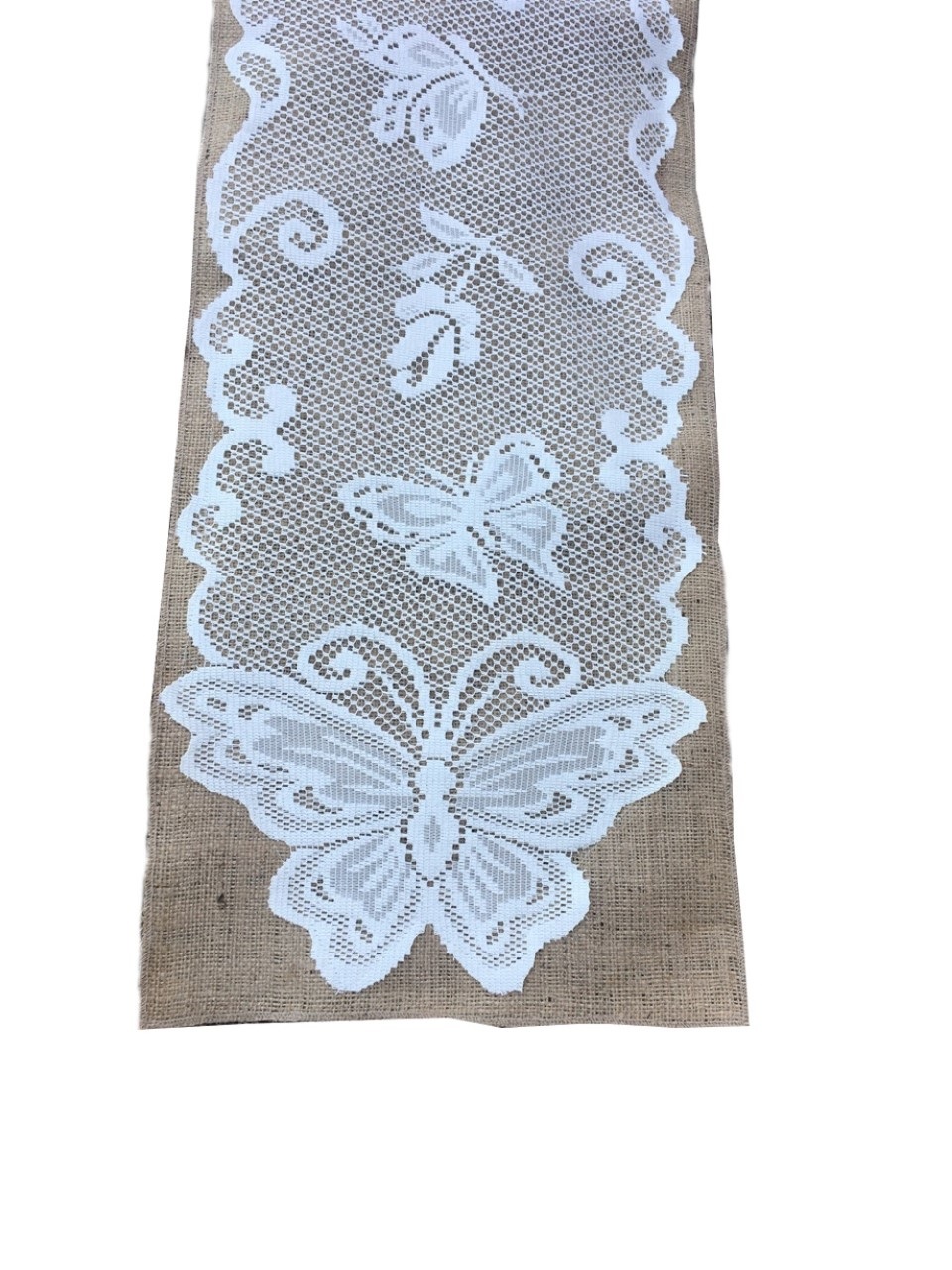 Burlap Table Runner With Lace - Butterfly Design 14" x 96"