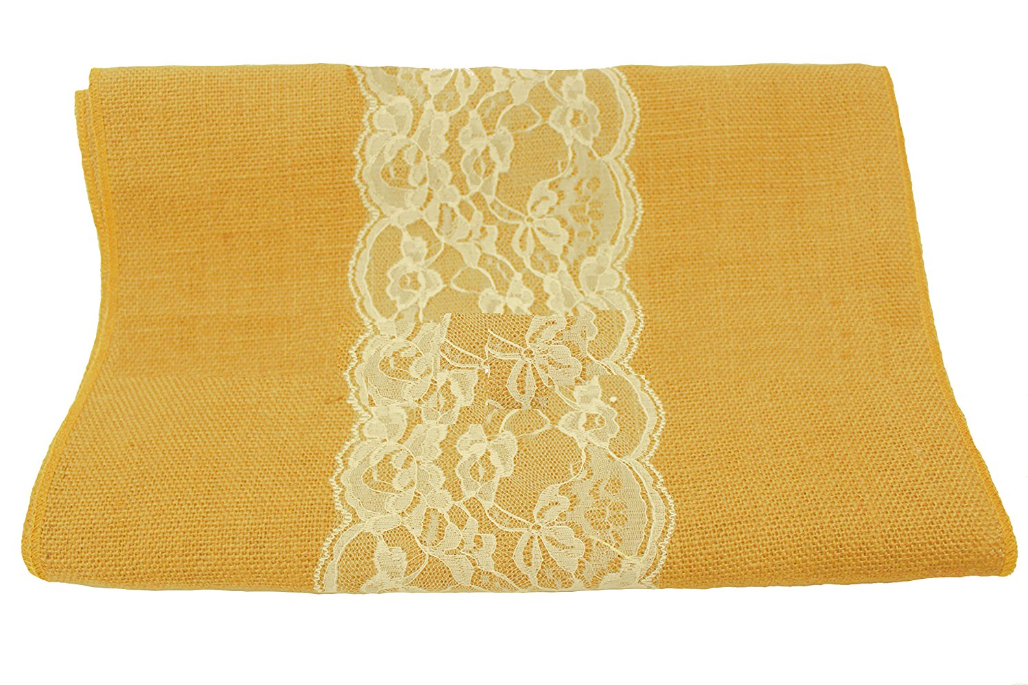 14" Butter Burlap Runner with 6" Ivory Lace - Click Image to Close