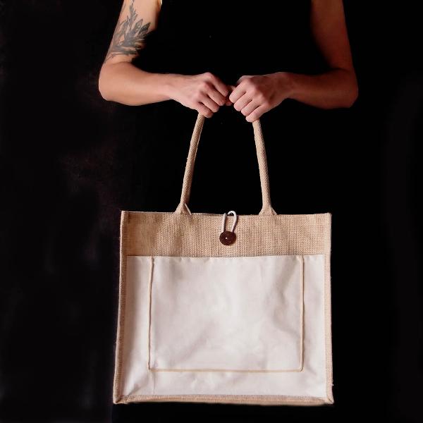Jute Tote Bag With Canvas Pocket 15-1/2" W x 13-3/4" H x 6"