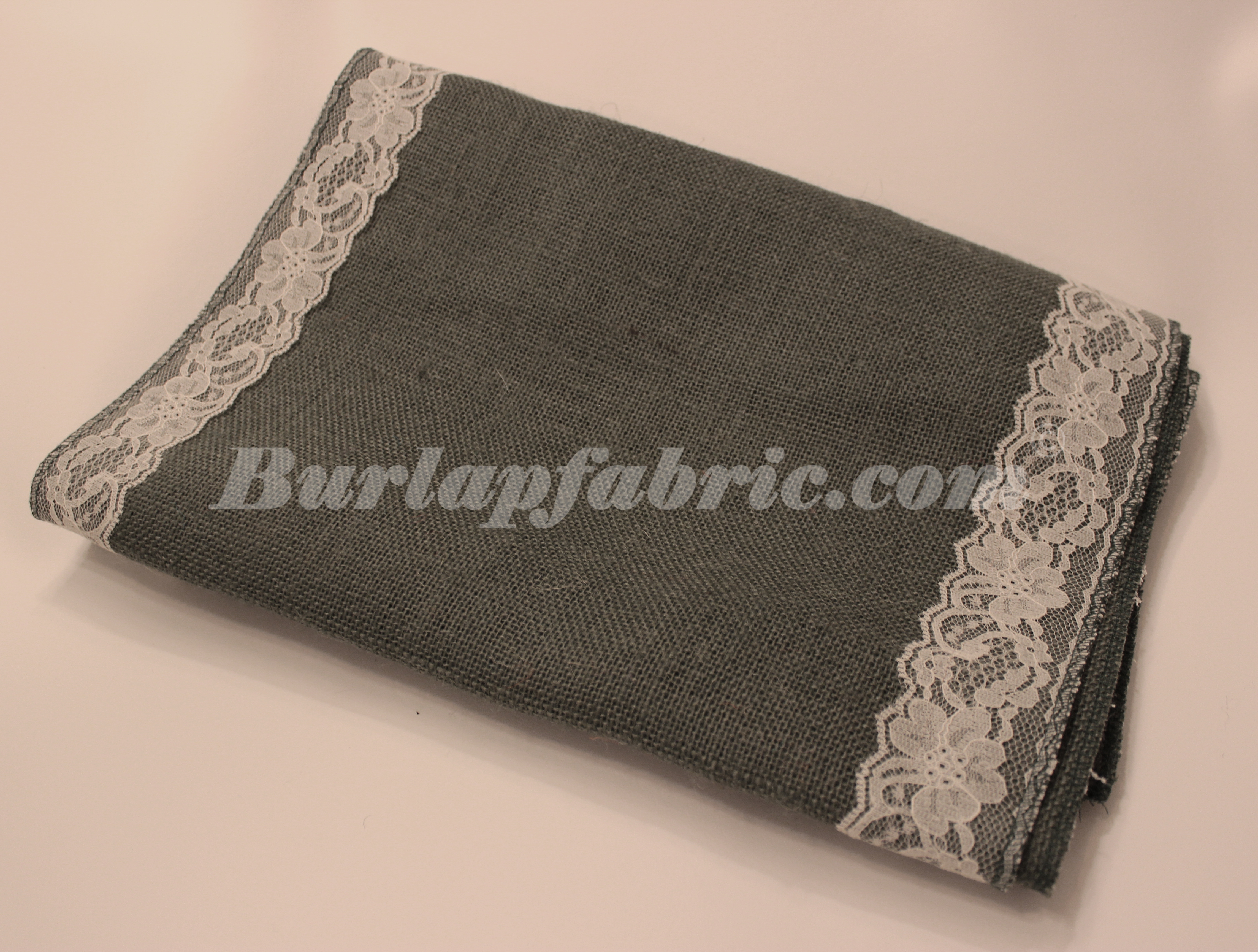 14" Charcoal Grey Burlap Table Runner with 2" Ivory Lace Borders - Click Image to Close