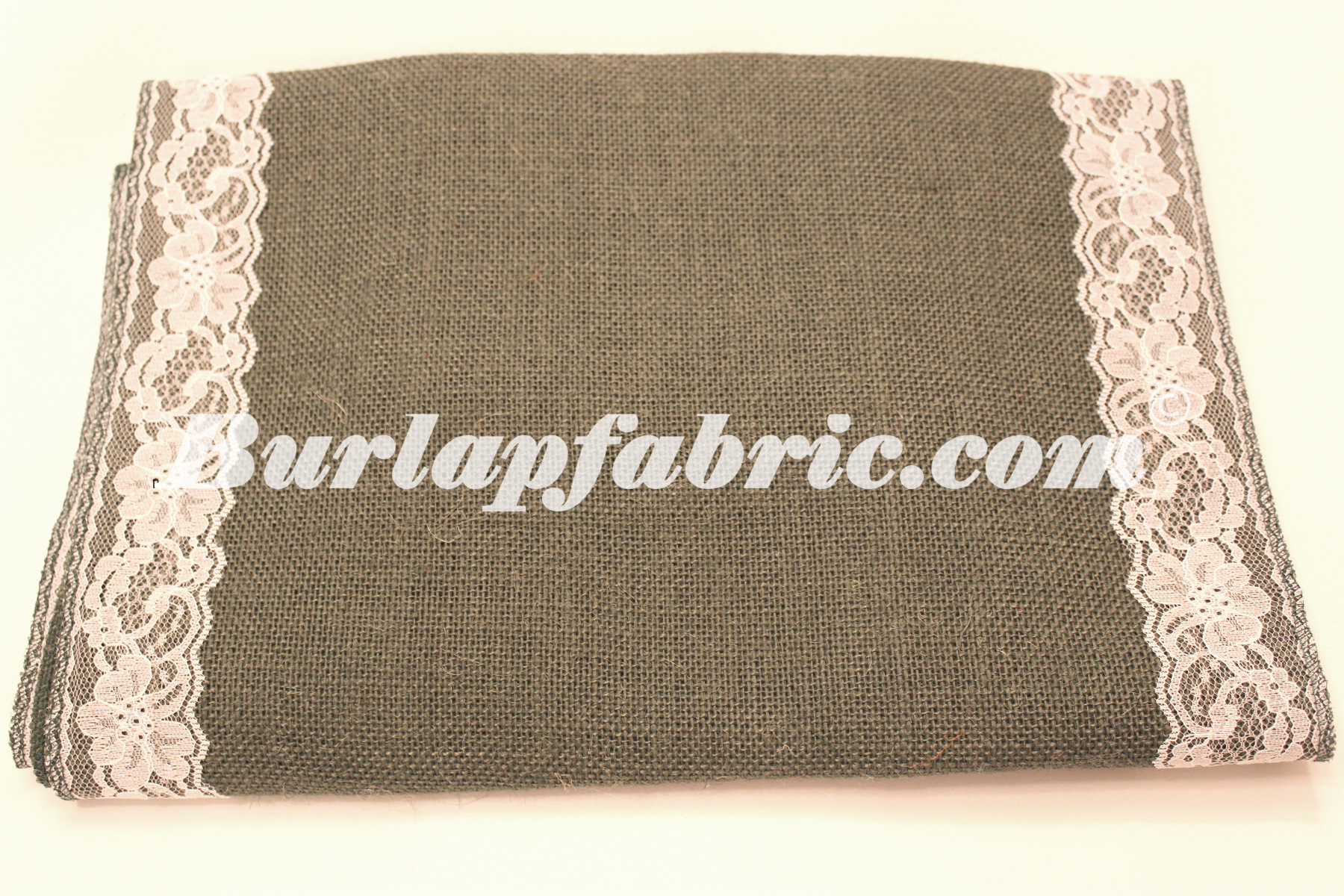14" Charcoal Grey Burlap Runner with 2" White Lace Borders