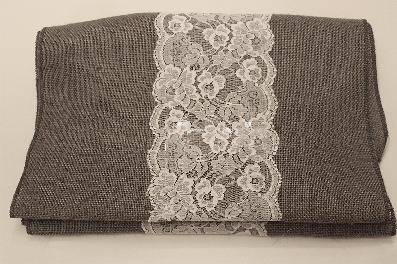 14" Charcoal Grey Burlap Runner with 6" White Lace