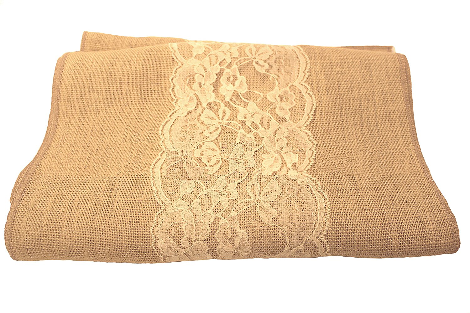 14" Florida Sand Burlap Runner with 6" Ivory Lace - Click Image to Close