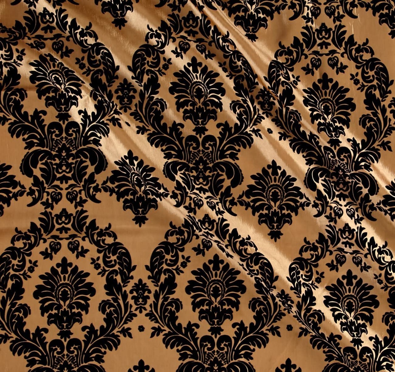 58/60" Gold/Black Flocked Damask Taffeta Fabric By The Yard