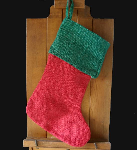 Red Burlap Stocking with Green Cuff 8" x 17" - Click Image to Close