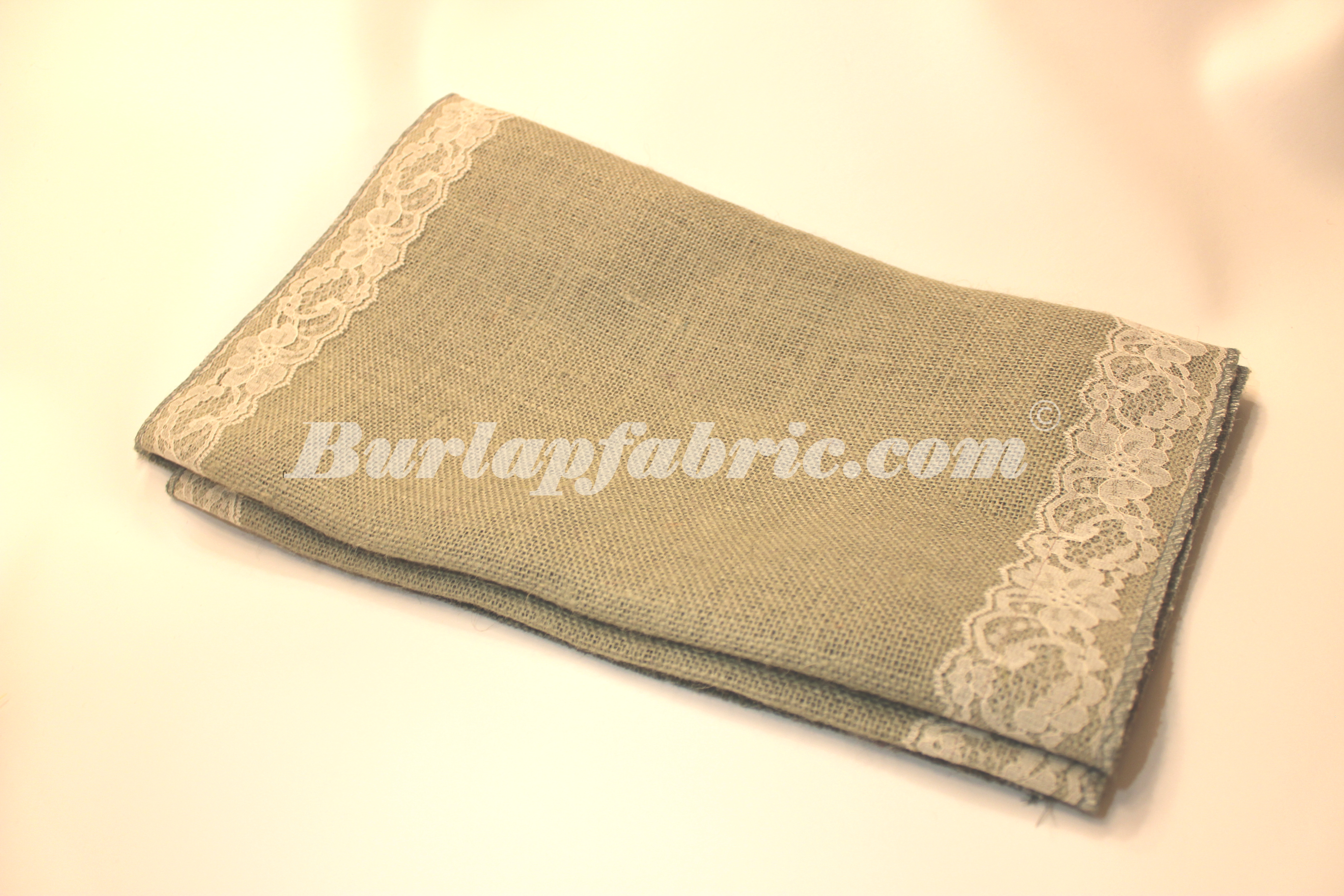 14" Ash Grey Burlap Runner with 2" Ivory Lace Borders - Click Image to Close