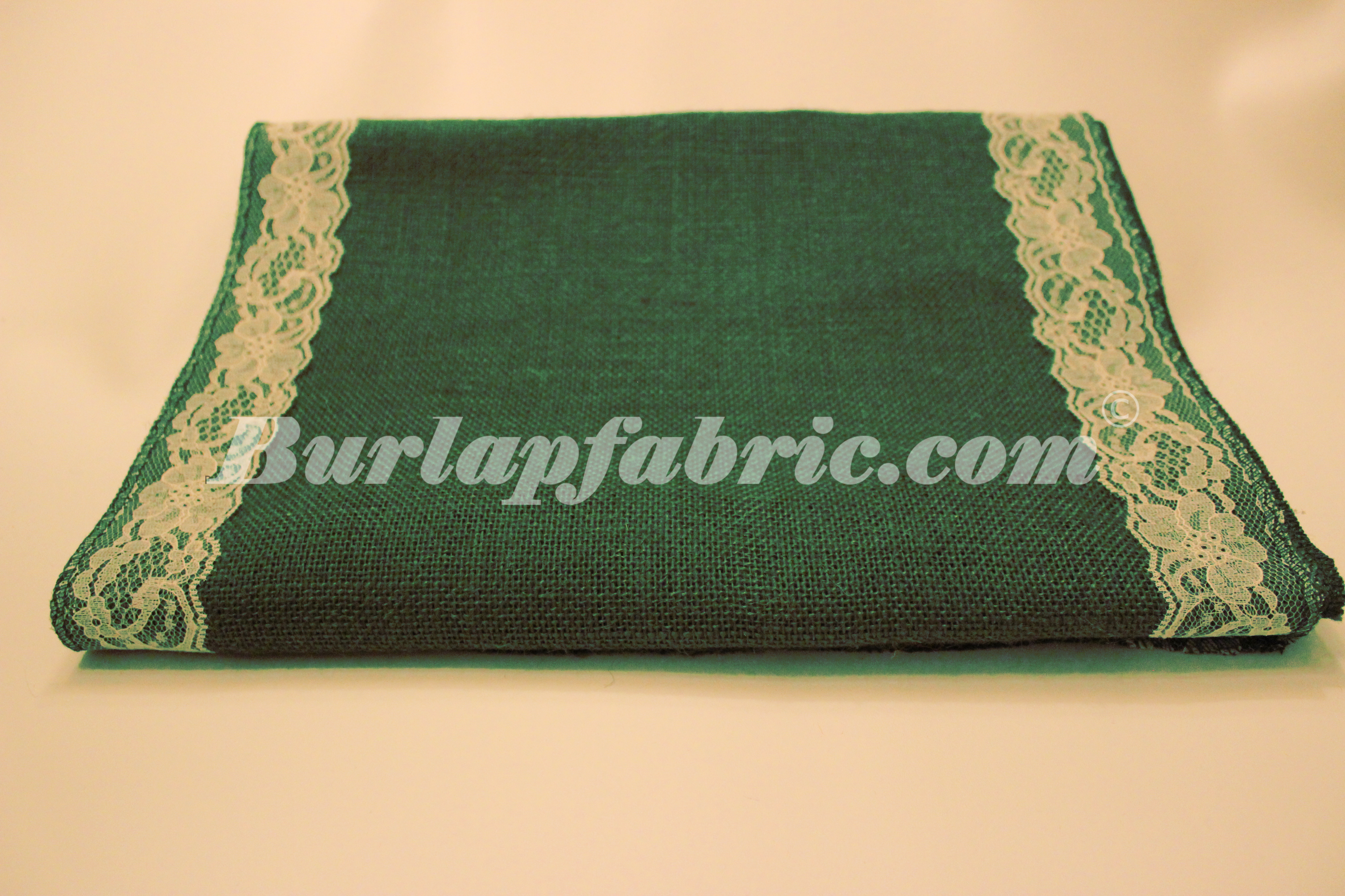 14" Hunter Green Burlap Runner with 2" Ivory Lace Borders