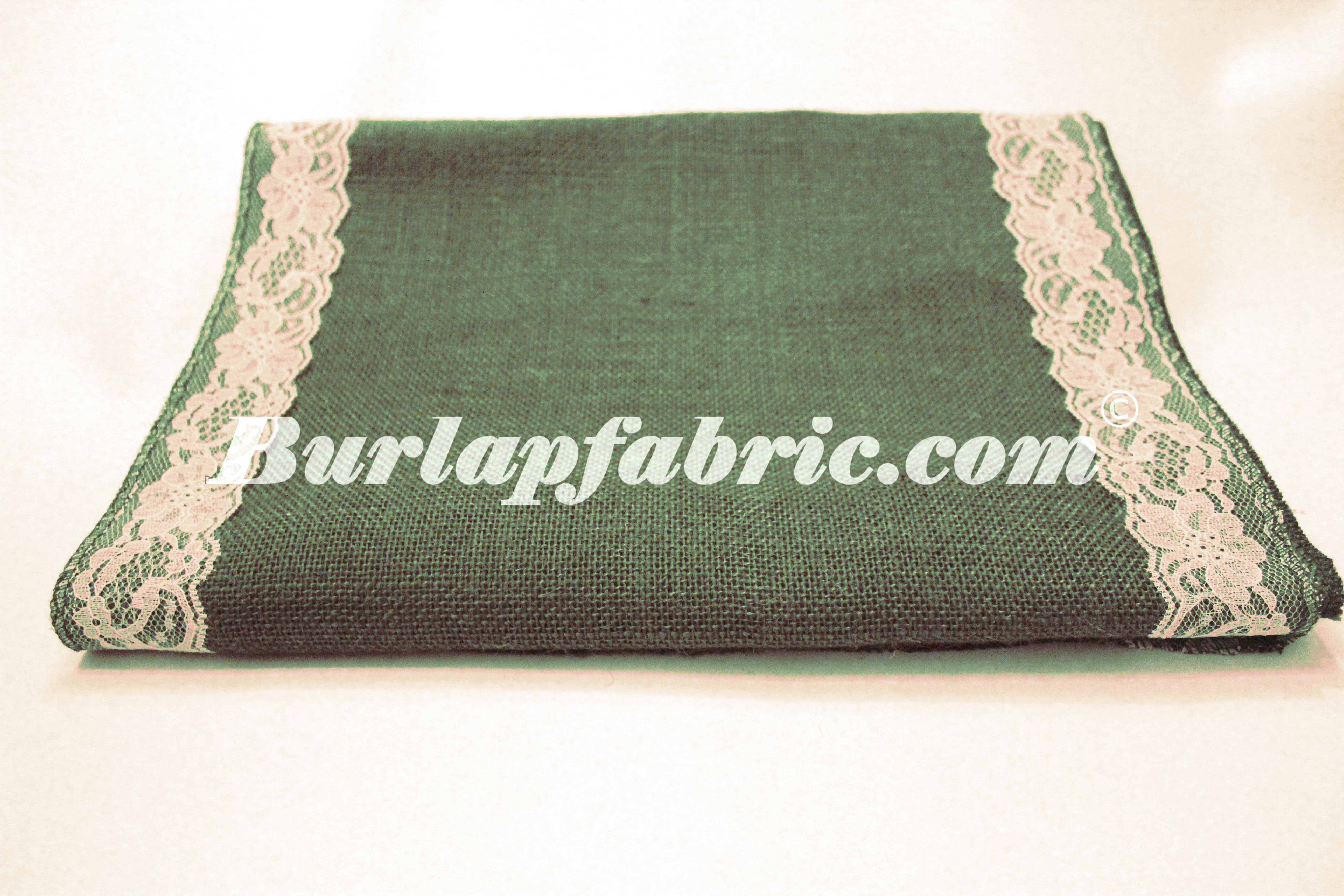 14" Hunter Green Burlap Runner with 2" White Lace Borders - Click Image to Close