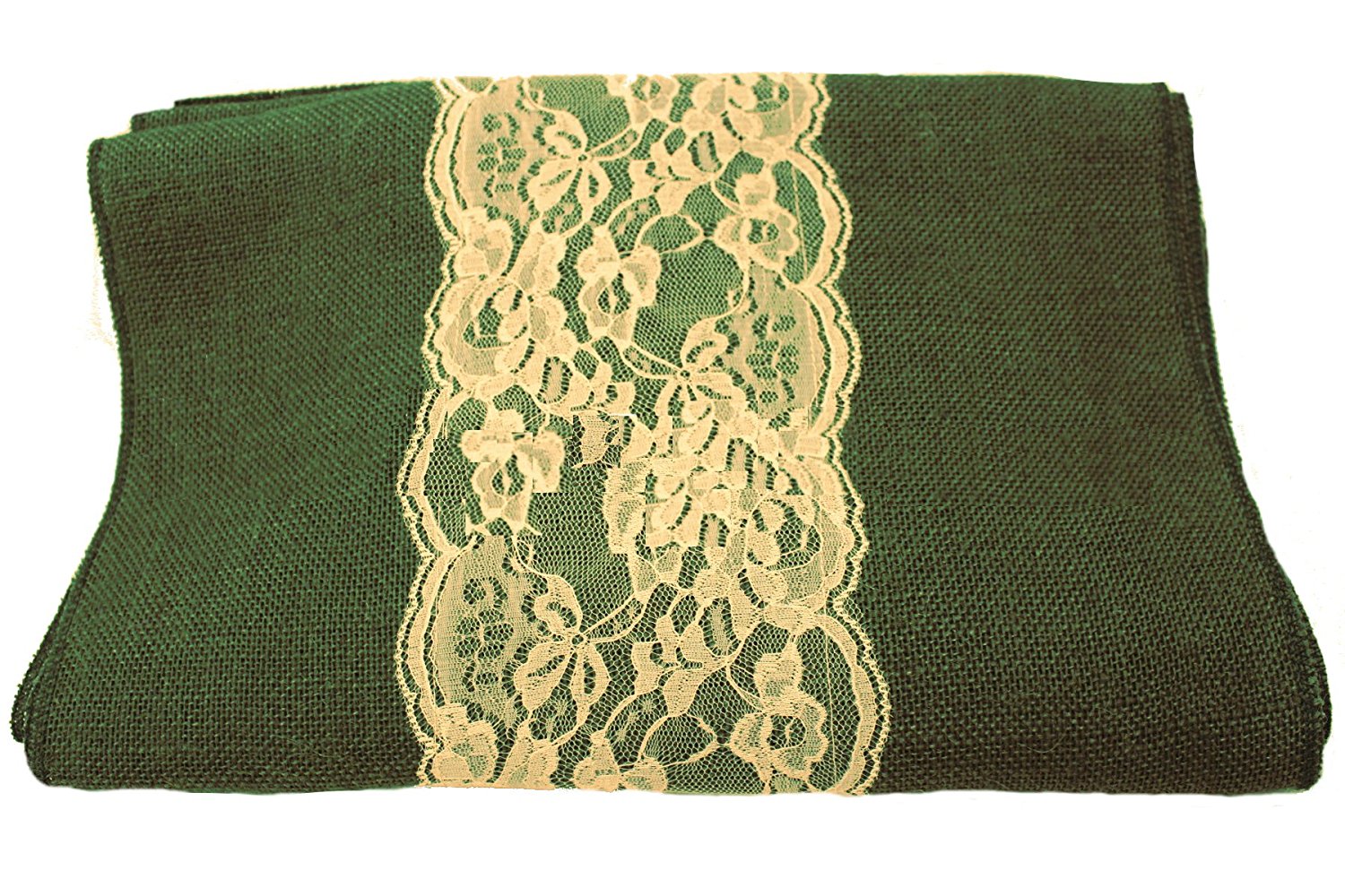 14" Hunter Green Burlap Runner with 6" Ivory Lace - Click Image to Close