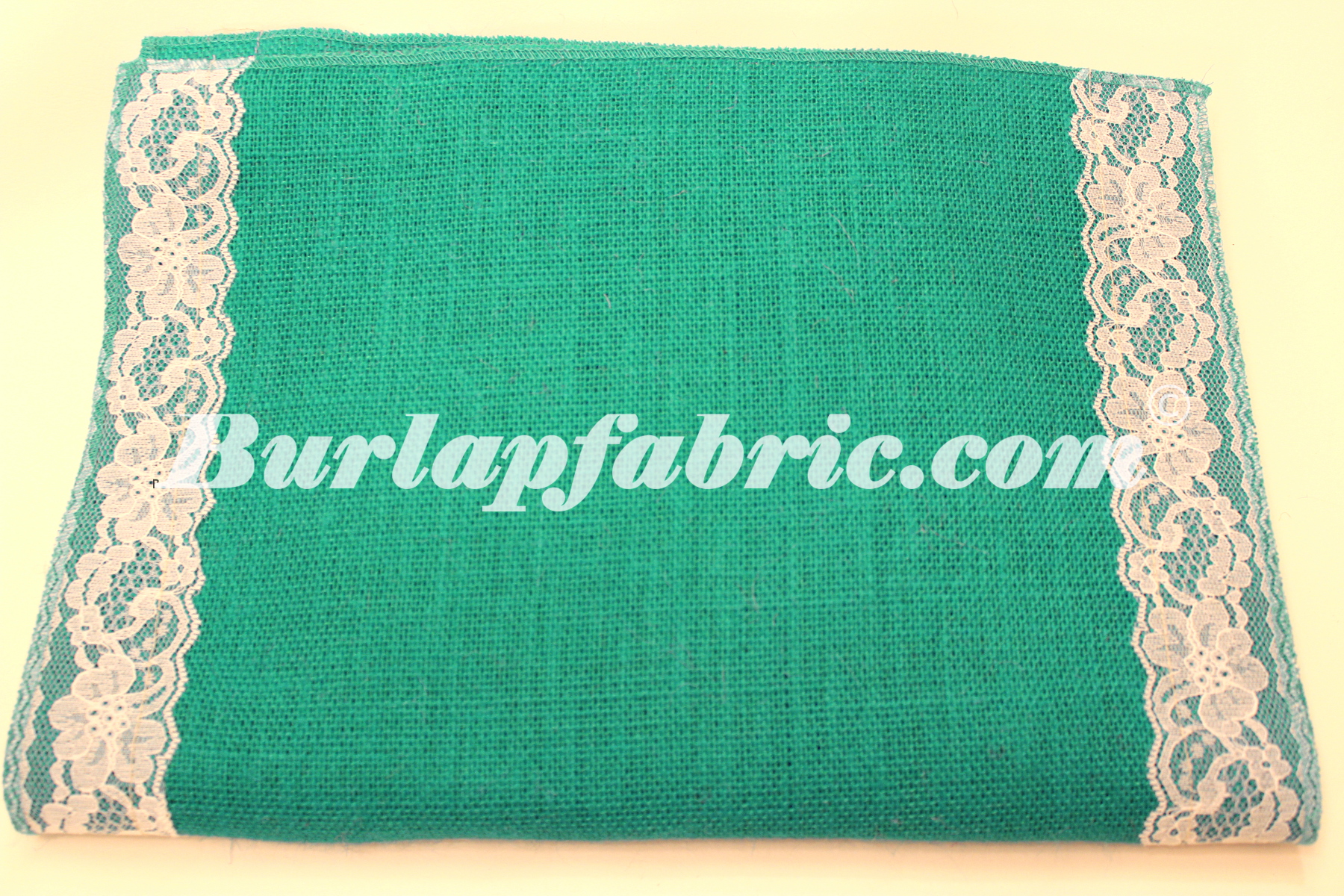 14" Jade Burlap Runner with 2" White Lace Borders - Click Image to Close