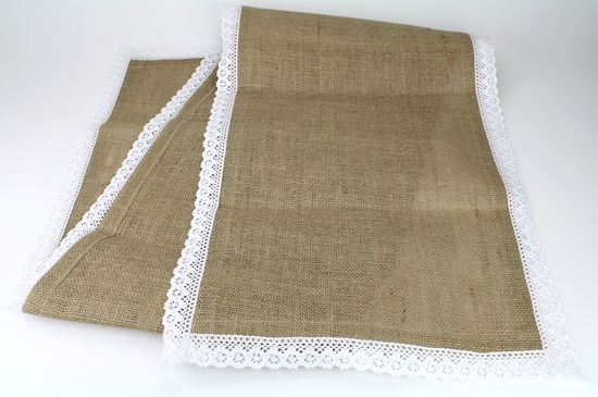 Burlap Table Runner W/Lace Edge - White (16" x 72") - Click Image to Close