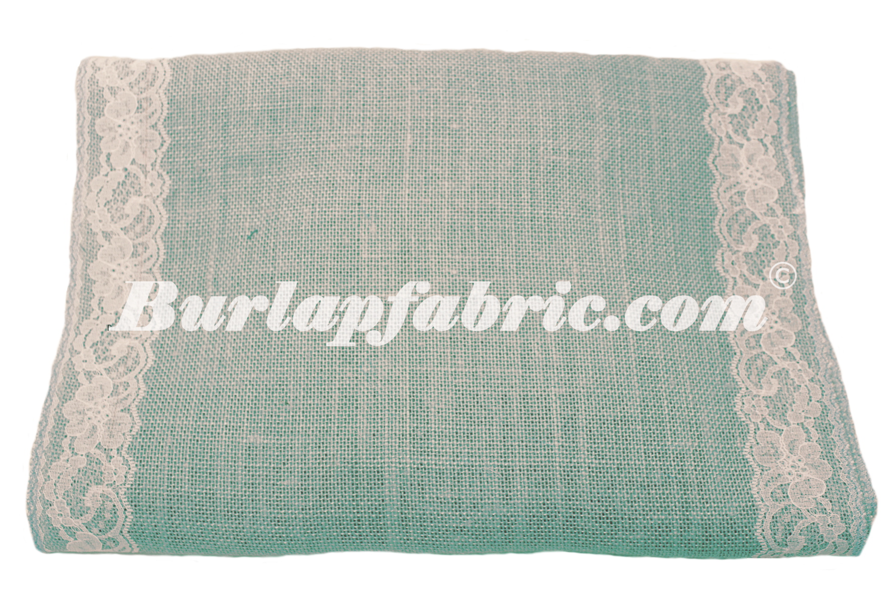14" Light Blue Burlap Runner with 2" White Lace Borders - Click Image to Close