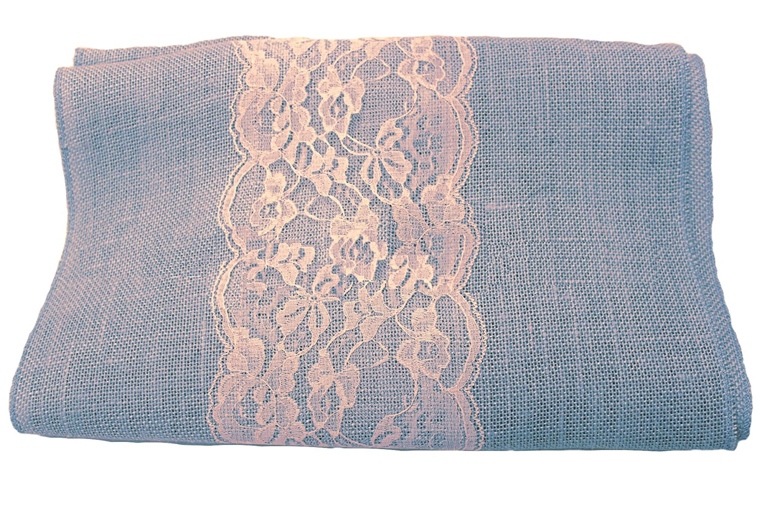 14" Light Blue Burlap Runner with 6" Ivory Lace - Click Image to Close