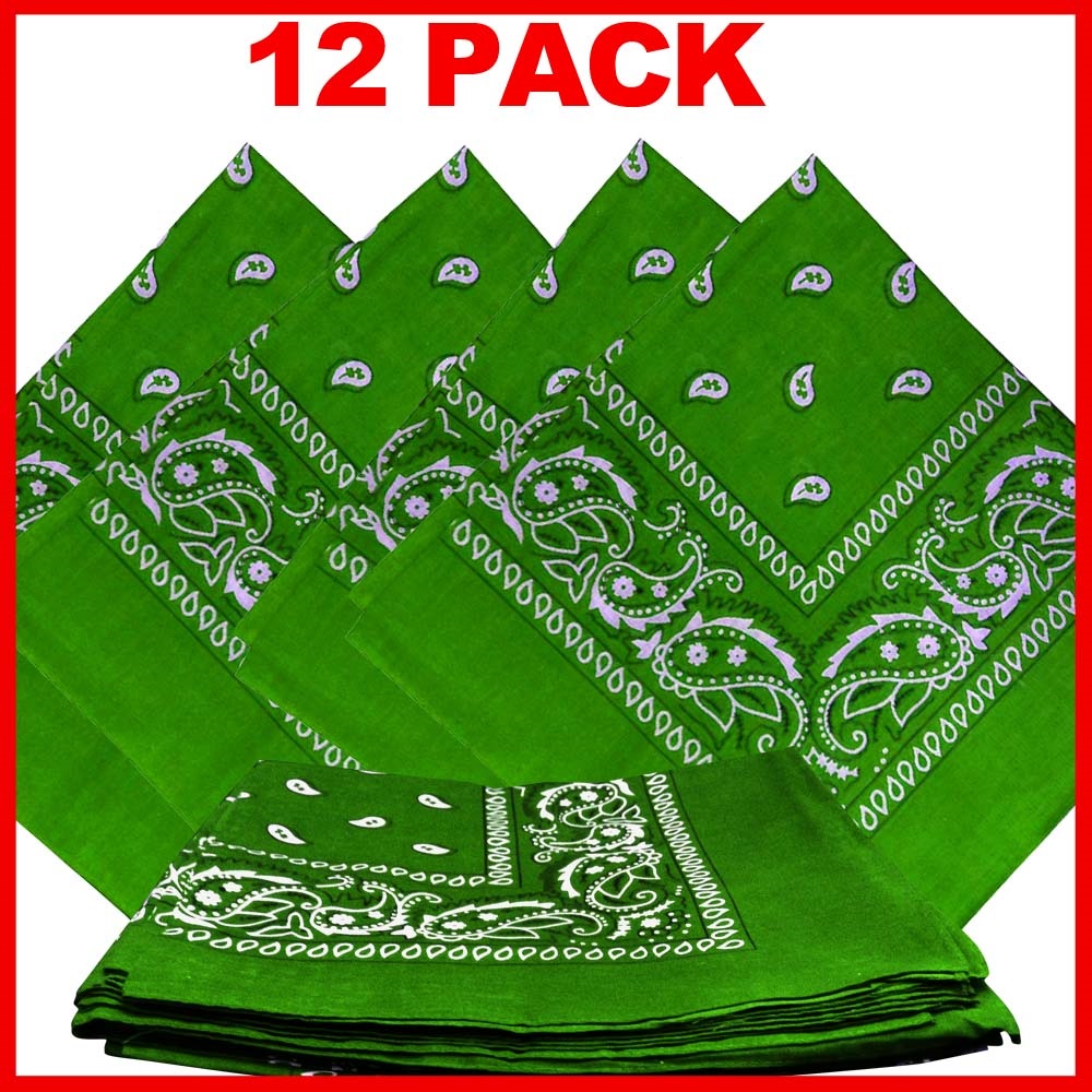 Light Green Paisley Bandanas (12 Pk) 22" x 22" 100% Cotton - Click Image to Close