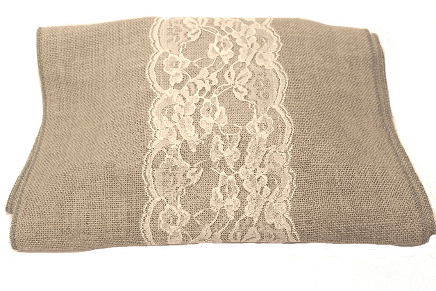 14" Ash Grey Burlap Runner with 6" Ivory Lace - Click Image to Close