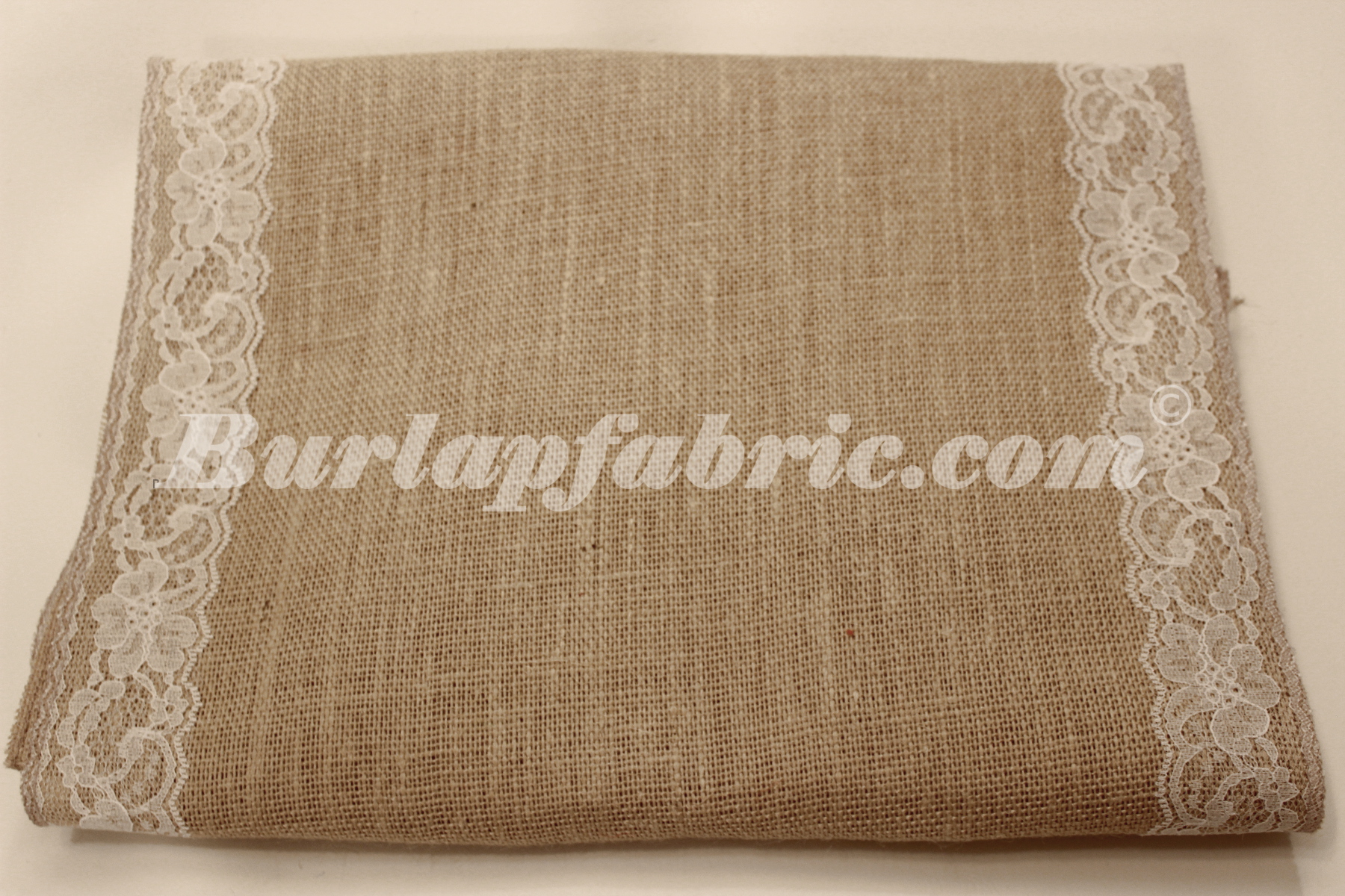 14" Natural Burlap Runner with 2" White Lace Borders - Click Image to Close