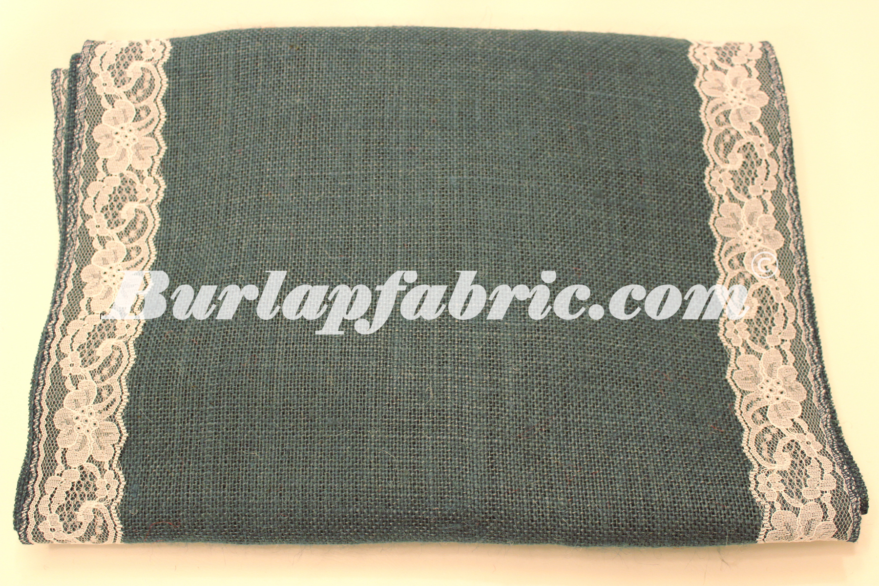 14" Navy Blue Burlap Runner with 2" White Lace Borders - Click Image to Close