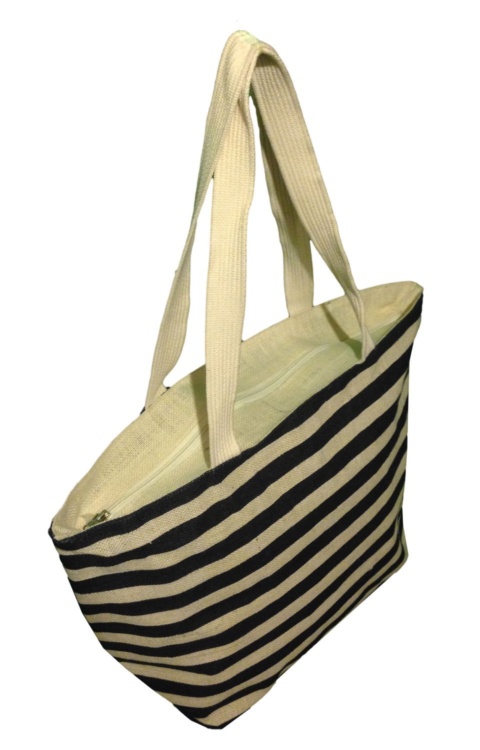 Burlap Beach Bag with Stripes Ivory/Navy 21"x13.5'x5.5"