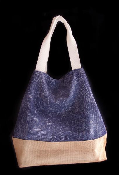 Washed Canvas Navy Tote Bag With Burlap - 14"W x 16"H x 5 Â½"D - Click Image to Close