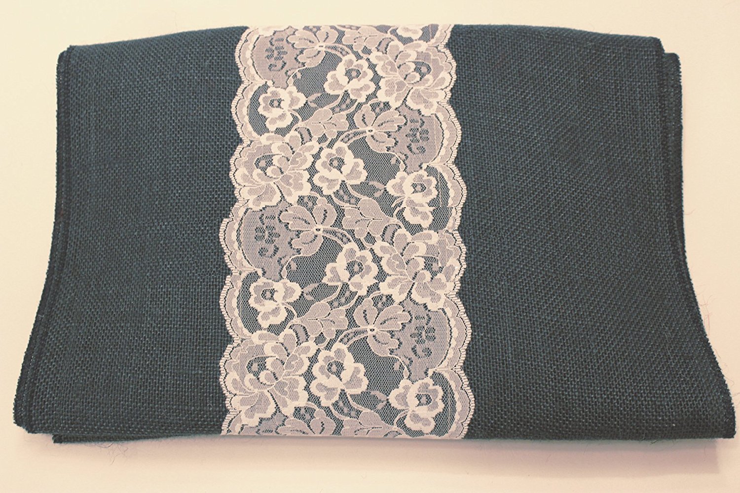 14" Navy Blue Burlap Runner with 6" White Lace