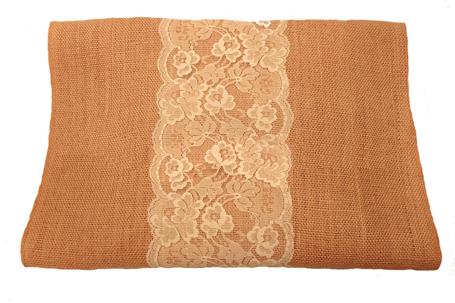 14" Peach Burlap Runner with 6" White Lace