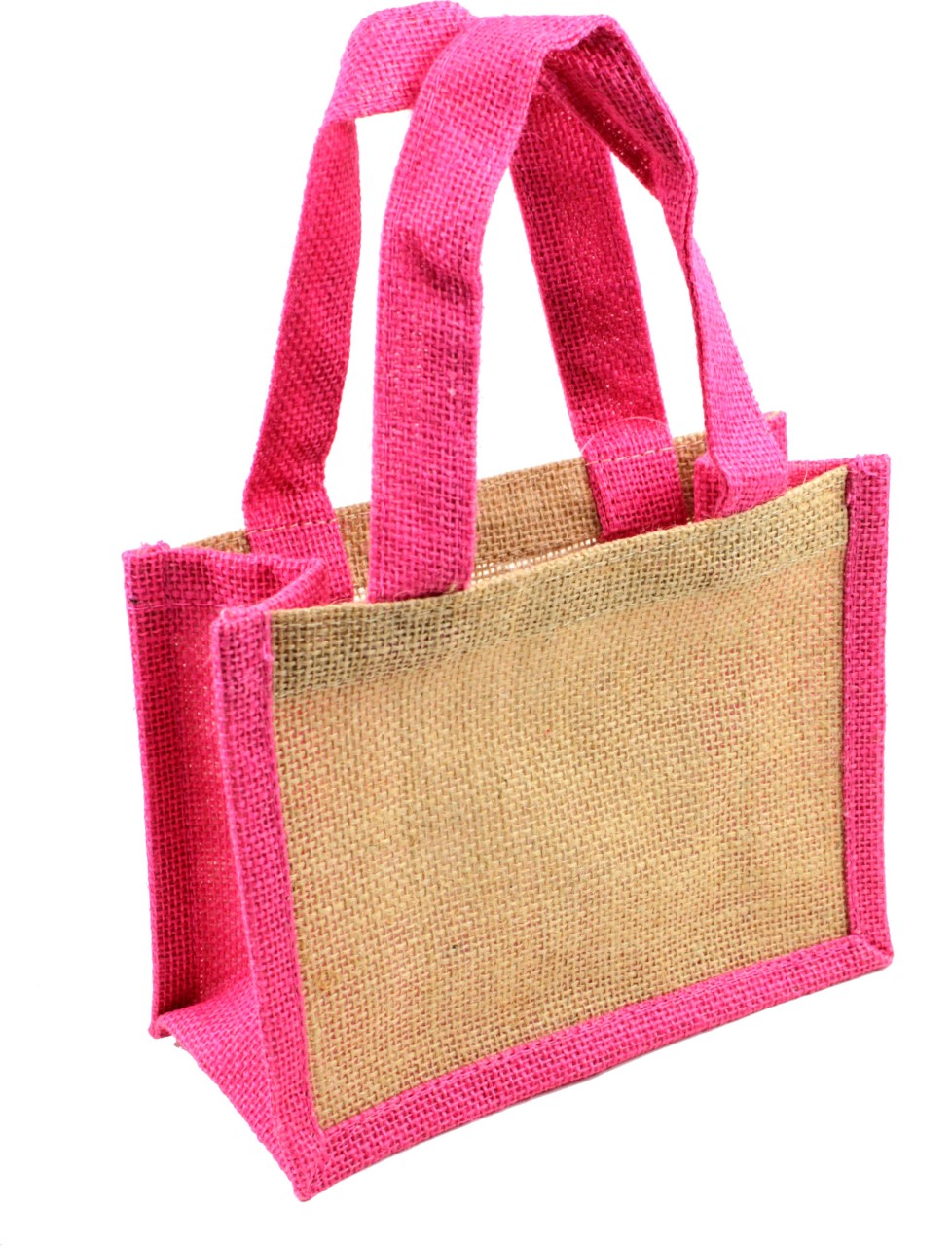 8"W x 6"H x 4"D Burlap Tote With Pink Wall & Handle - Click Image to Close