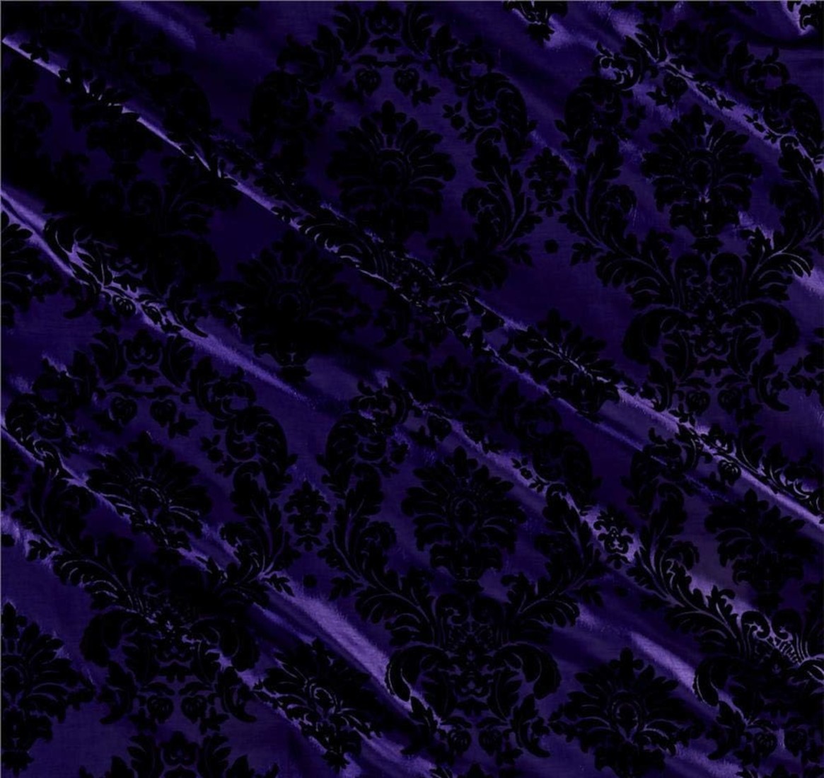 58/60" Purple/Black Flocked Damask Taffeta Fabric By The Yard