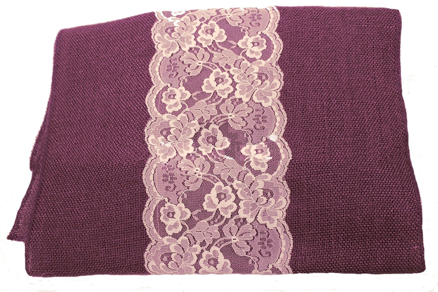 14" Purple Burlap Runner with 6" White Lace - Click Image to Close