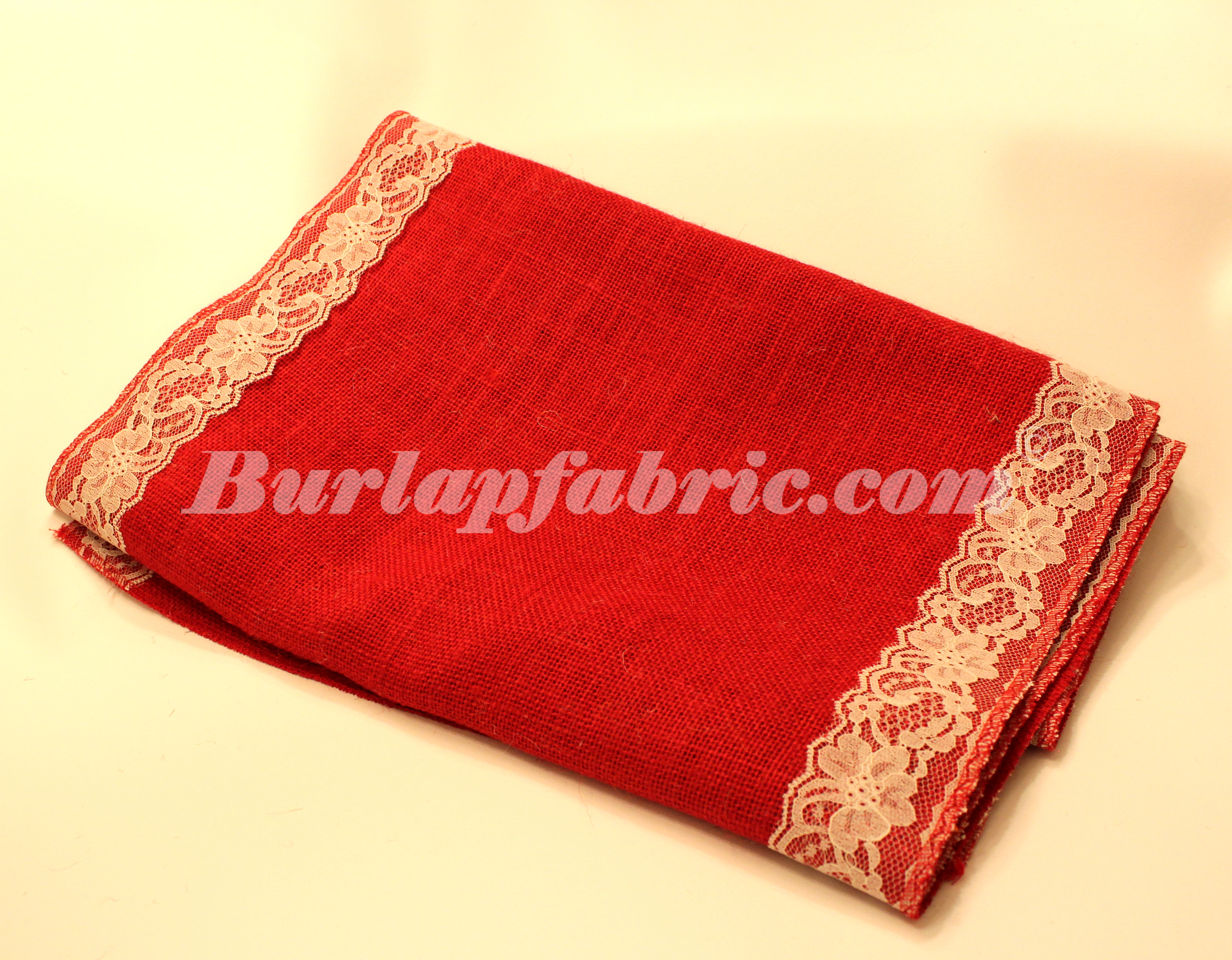 14" Red Burlap Runner with 2" Ivory Lace Borders - Click Image to Close