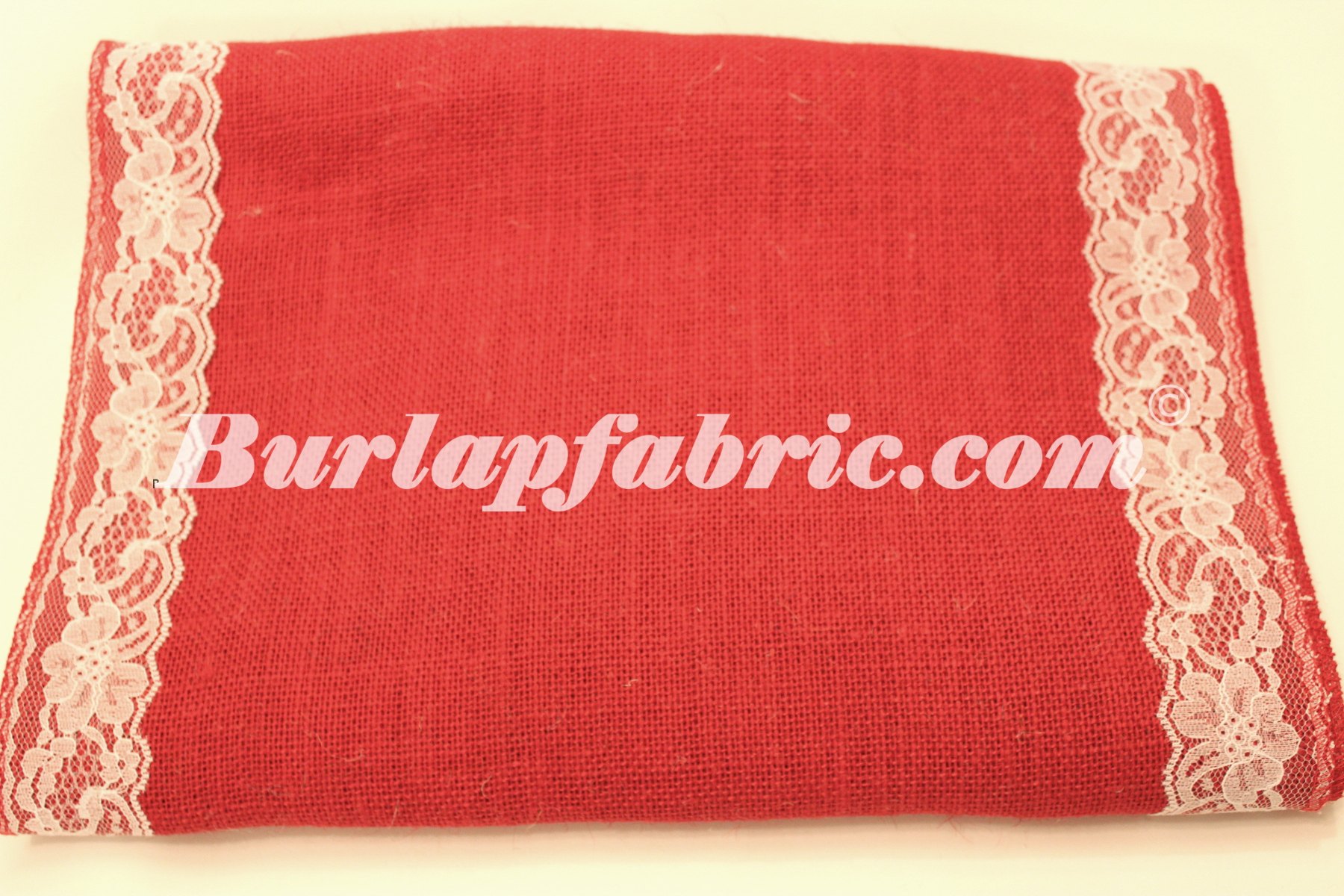 14" Red Burlap Runner with 2" White Lace Borders - Click Image to Close