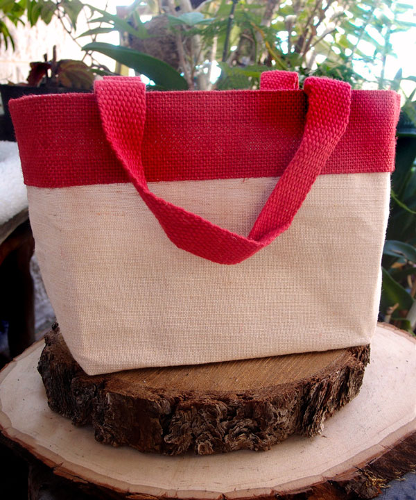 Jute/Cotton Tote Bag with Red Accent 11.5"w X 7.5"h X 4.5"d - Click Image to Close