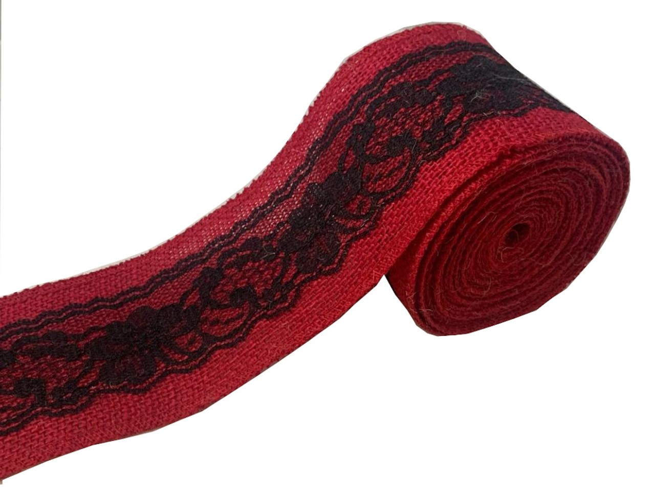 3" Red Burlap Ribbon With Black Lace 5 Yard Roll - Made in USA