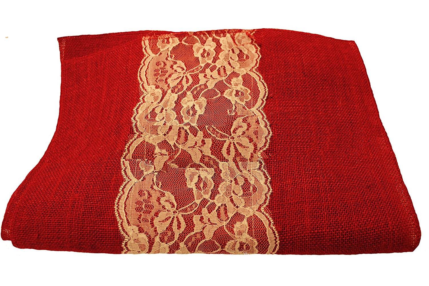 14" Red Burlap Runner with 6" White Lace - Click Image to Close