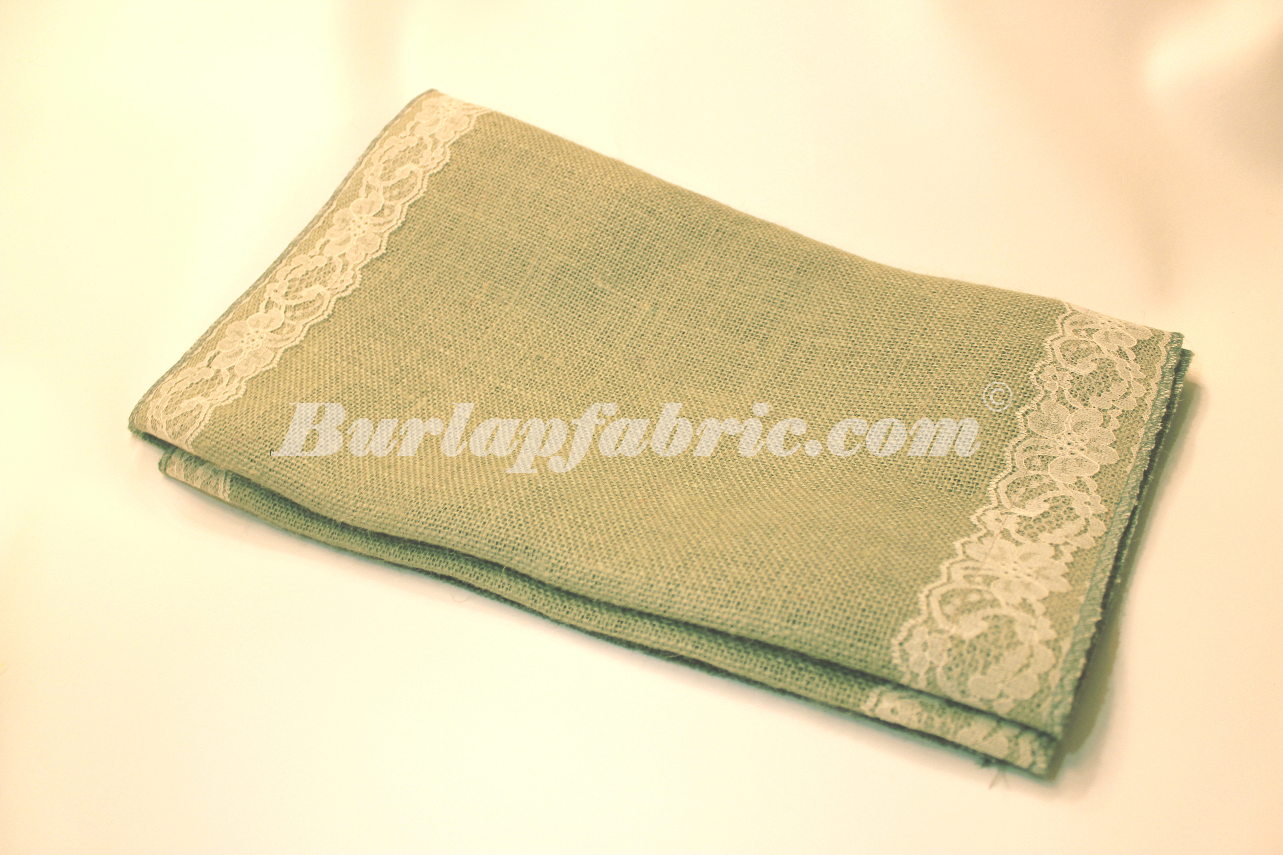 14" Sage Burlap Runner with 2" Ivory Lace Borders
