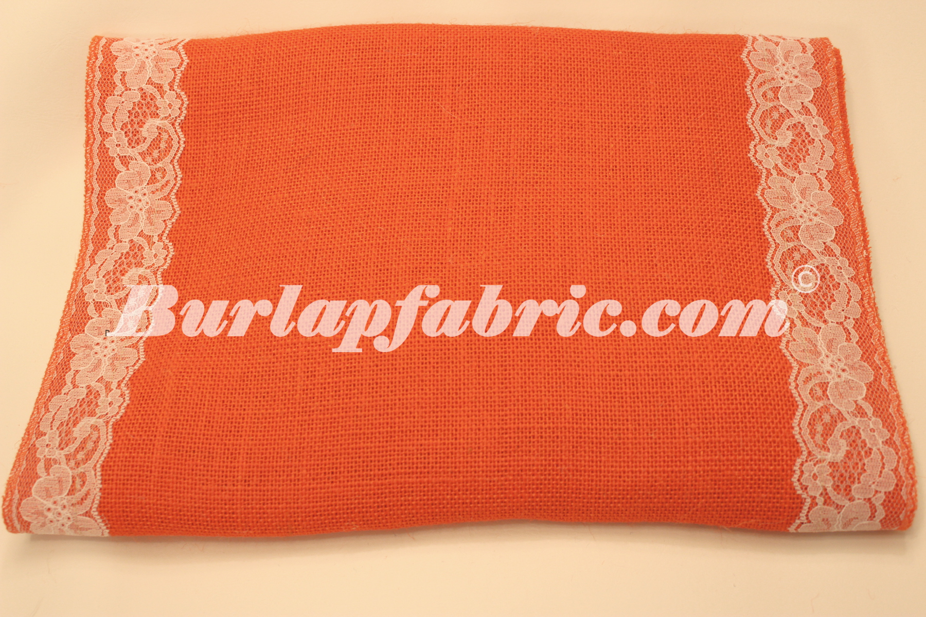 14" Tangerine Burlap Runner with 2" White Lace Borders - Click Image to Close
