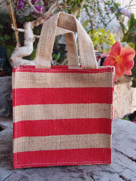 Jute Plant Tote Bag 6"W x 6"H x 6" - Red Stripes