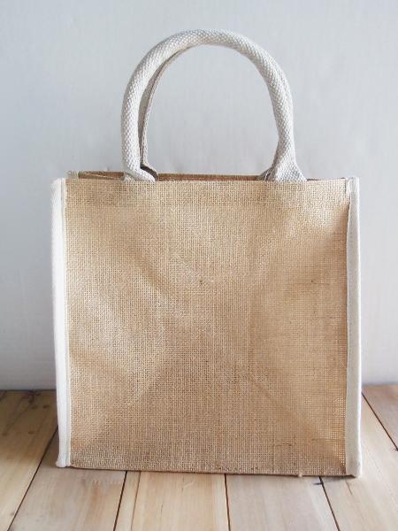 Burlap Tote Bag w/White Cotton Trim 12" x 12" x 7.75"